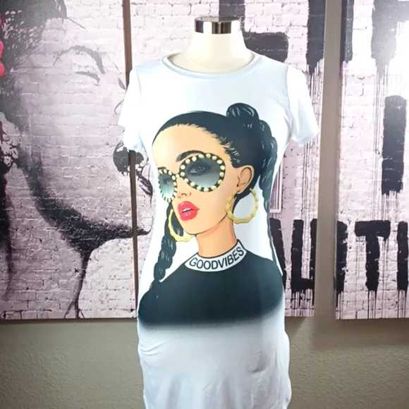good vibes t shirt dress Good Vibes Printed T-shirt Dress, Streetwear Aesthetic Tee shirt Dress, All over print, Comfy Loungewear Dress, Loose Fit, Urban Clothing